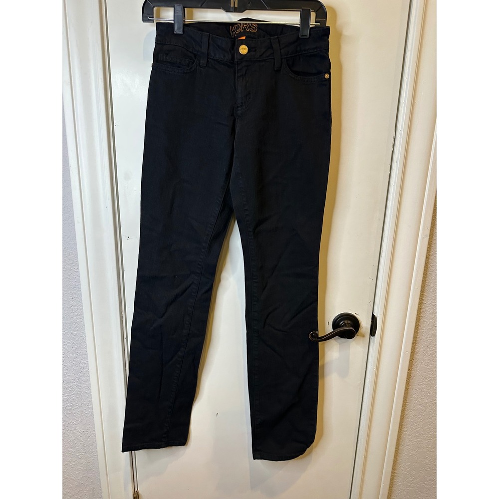 Michael Kors Womens Black Straight Leg Denim Jeans Gold Logo Hardware Size 2